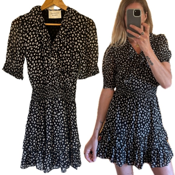 Black White Polka Micro Dot Leopard Print Ruffle Puff Sleeve Mini Boho Dress - Picture 1 of 12